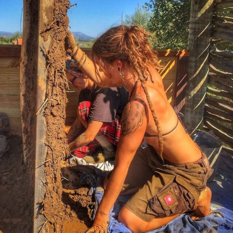 Natural Building - Clay plaster on wattle and daub on our long drop compost toilet