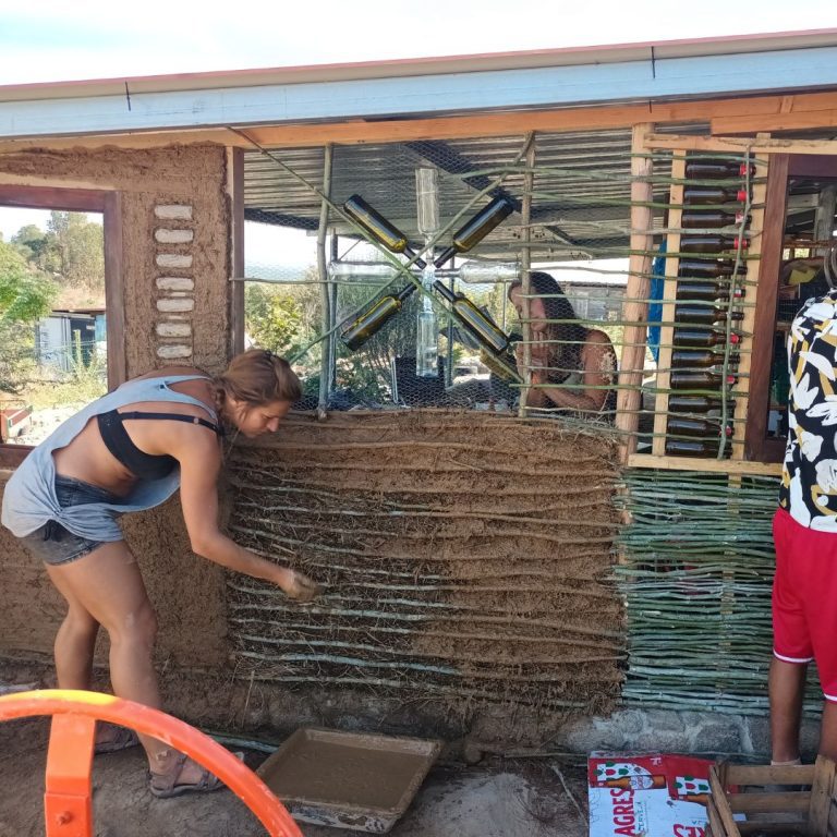 Natural Building - Wattle and daub with bottles (2)